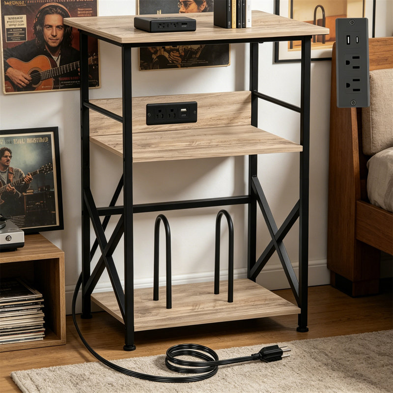 3 Tier Record Player Stand with Charging Station, Side Table for 100 Vinyl Storage, Gray