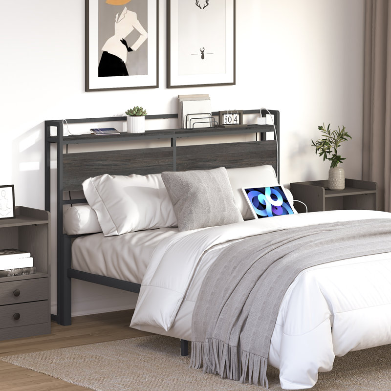 Morano 39.9"H Metal Headboard with Charging Station, Queen, Gray/Black