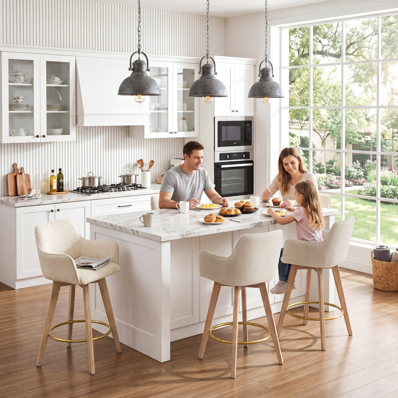 Lovetro 67.5cm H Swivel Counter Stools Upholstered with Rubberwood Legs and Gold Footrest, Beige