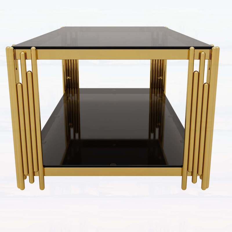 Table basse moderne à miroir noir avec cadre asymétrique en métal doré et tablette inférieure, 47,5 po