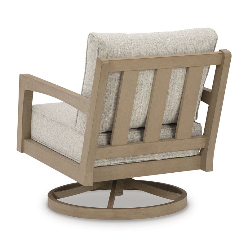 Blond Wood Outdoor Swivel Lounge Chair with Cushions