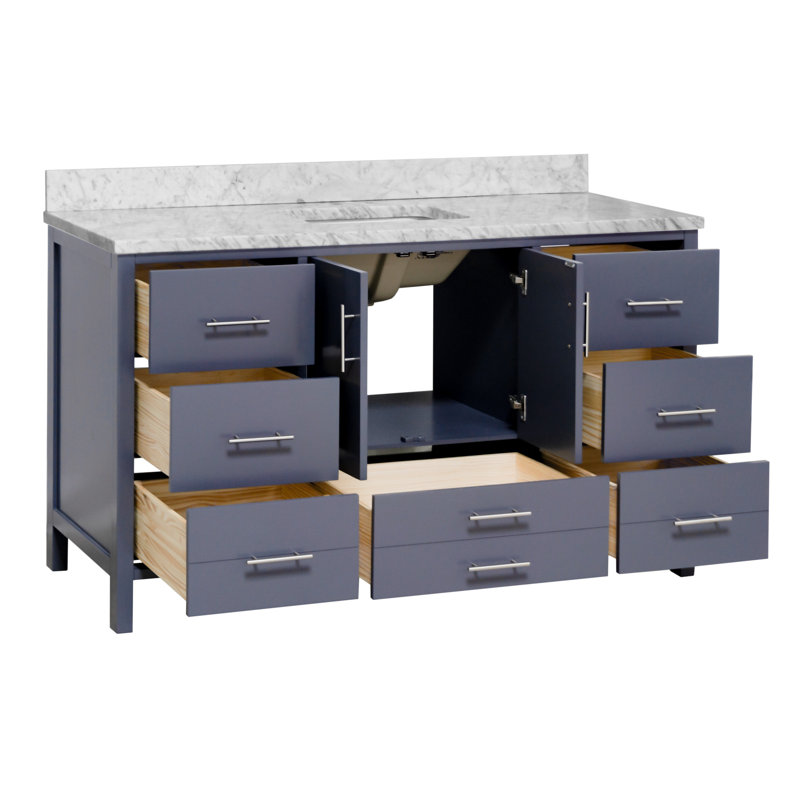 Ensemble de meuble-lavabo simple 60 po Kiara, Gris marine, Marbre de Carrare