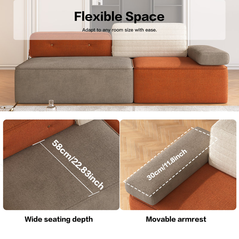 Velvet and Linen Blend Modular Sofa, 200cm Wide with Adjustable Arm Pads in Grey & Orange Fast Dispatch From UK Warehouse – Dispatched Within 2 Days