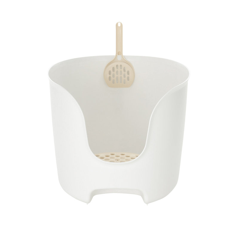 Plastic Litter Box with Scoop, White/Beige