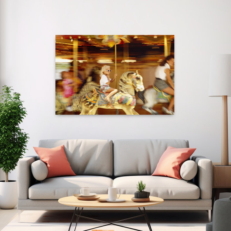 Side Profile Of A Girl And A Young Woman Sitting On Carousel Horses Navy Pier Chicago Illinois USA by Alan Klehr - Wrapped Canvas Print
