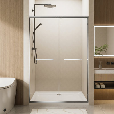 56"-60" W X 72" H Chrome Aluminum Frame Double Sliding Shower Door With 1/4" (6Mm) Nano-Coated Clear Tempered Glass And Dual Stainless Steel Handles