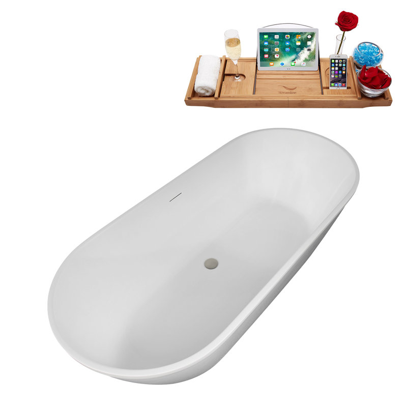 67" Streamline Soaking Freestanding Tub and Tray With Internal Drain, Brushed GunMetal