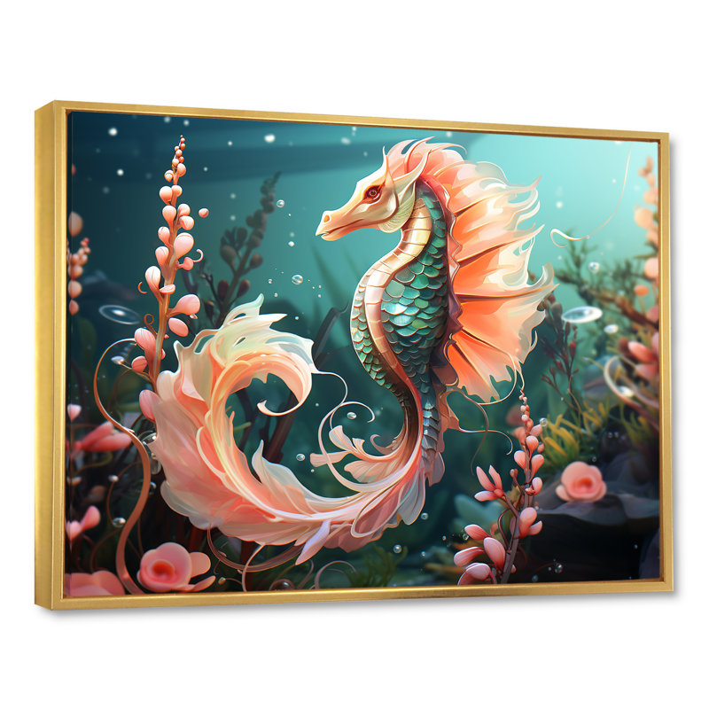 Rose, corail et hippocampe, H 30 po x l 40 po x P 1,5 po, Cadre flottant doré