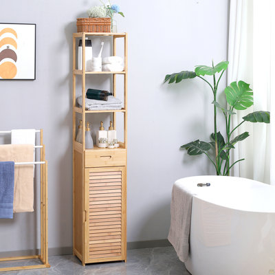 Armoire de salle de bain haute avec tiroir et tablettes à lattes, tour en lin de bambou mince avec porte à persiennes, naturel