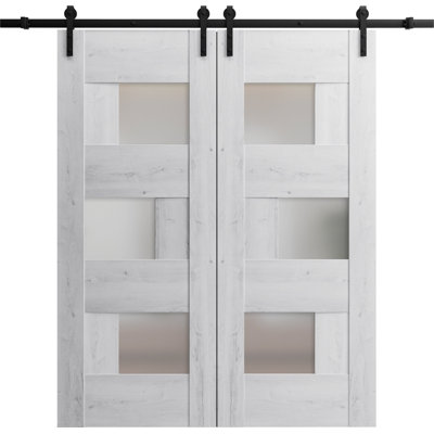 Porte de grange double robuste | Sete 6933 noir mat avec verre givré | Ensemble de 13 cintres lourds pour rail | Portes intérieures solides