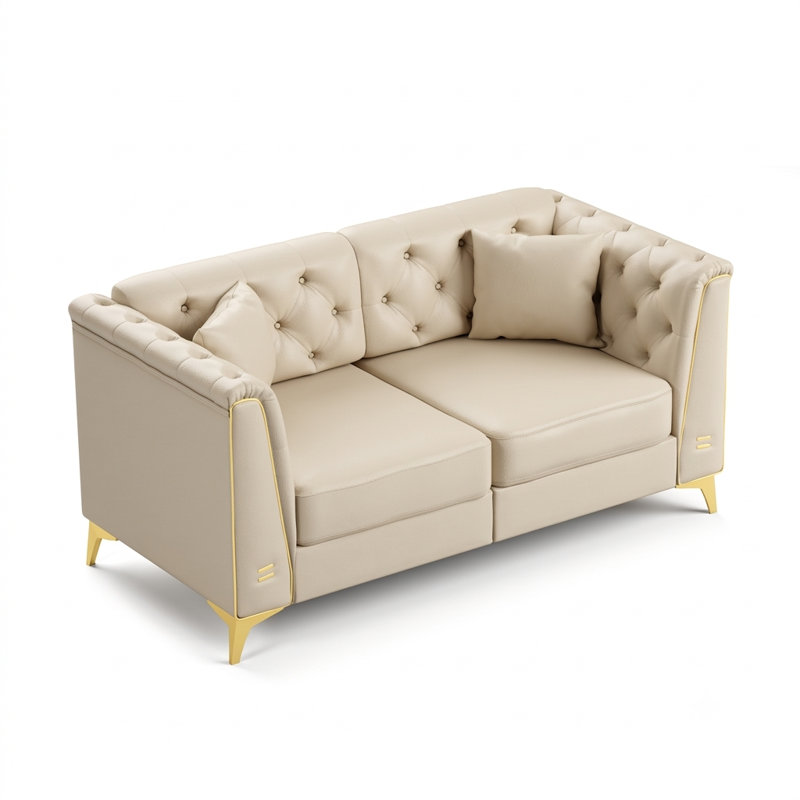 Canapé Chesterfield modulaire de style Mid-Century avec capitonnage à boutons, accoudoirs garnis de métal et pieds minces, comprend 2 coussins