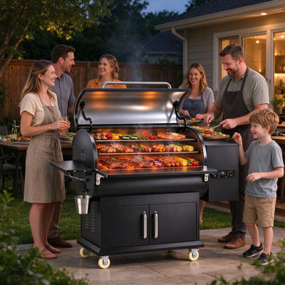 BBQ Grill Island with 2100 Sq.In 3-Tier Wood Pellet Smoker Grill, Double-Wall Insulated Steel Outdoor Kitchen Bar Barbecue Island Grill with Auto Ash Cleanout, Electric Rotisserie, Smoke & Shut-Off Switches, Storage Cabinet & Wheels for Backyard BBQ