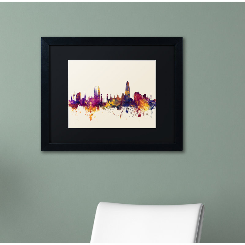 "barcelone espagne horizon" , impression encadrée, H 16 po x l 20 po x P 0,5 po, Noir, Cadre noir