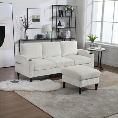 Canapé modulaire, canapé en chenille 3 places avec repose-pieds de rangement Porte-gobelets | Jaune moutarde