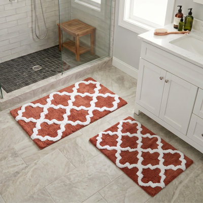 Lavish Home 2 Piece Bathroom Rug Set - 41x24.5 Inch and 34x21 Inch 100% Cotton Bath Mats with Textured Trellis Print for Elegant Bathroom Decor - Bath Rugs Non Slip Washable Bathmats