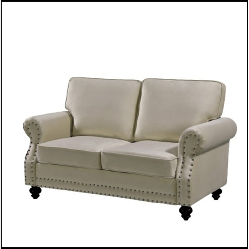 Causeuse avec garniture cloutée et pieds tournés en bois, Beige