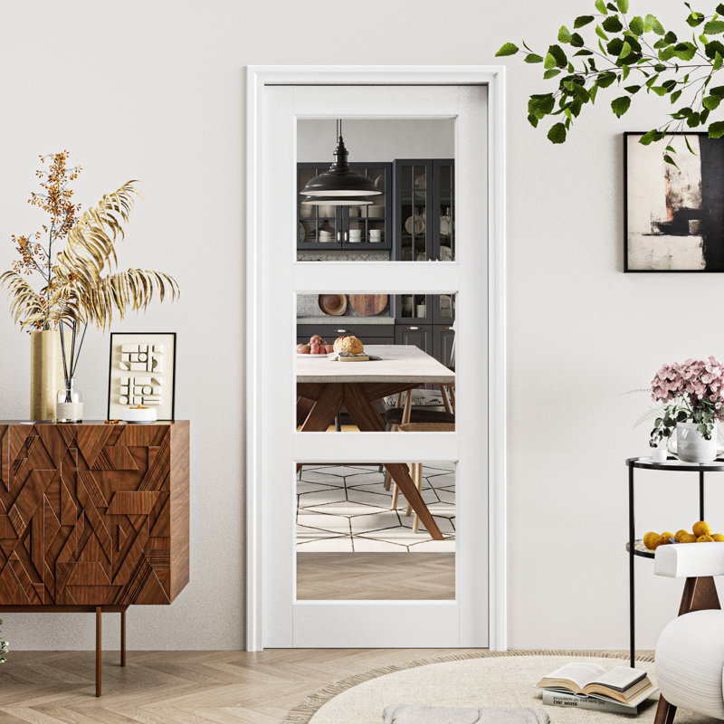 White Primed Solid Core 3-Panel Clear Slab Glass Door Suitable For Bathroom/Pantry, 32" x 80"