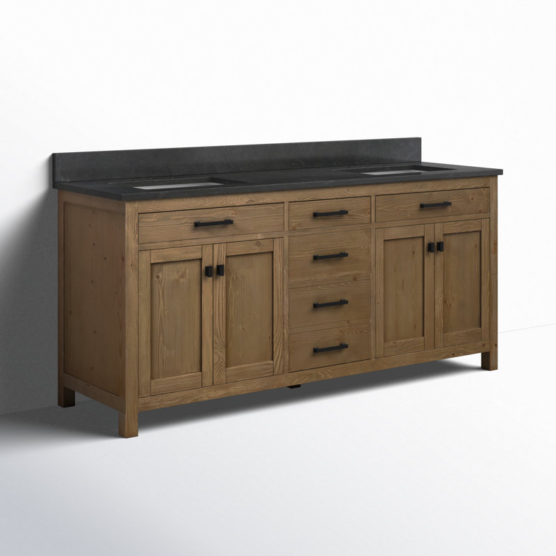 Ensemble de meuble-lavabo double 72 po Ajiya, Calcaire bleu, Naturel texturé / noir mat