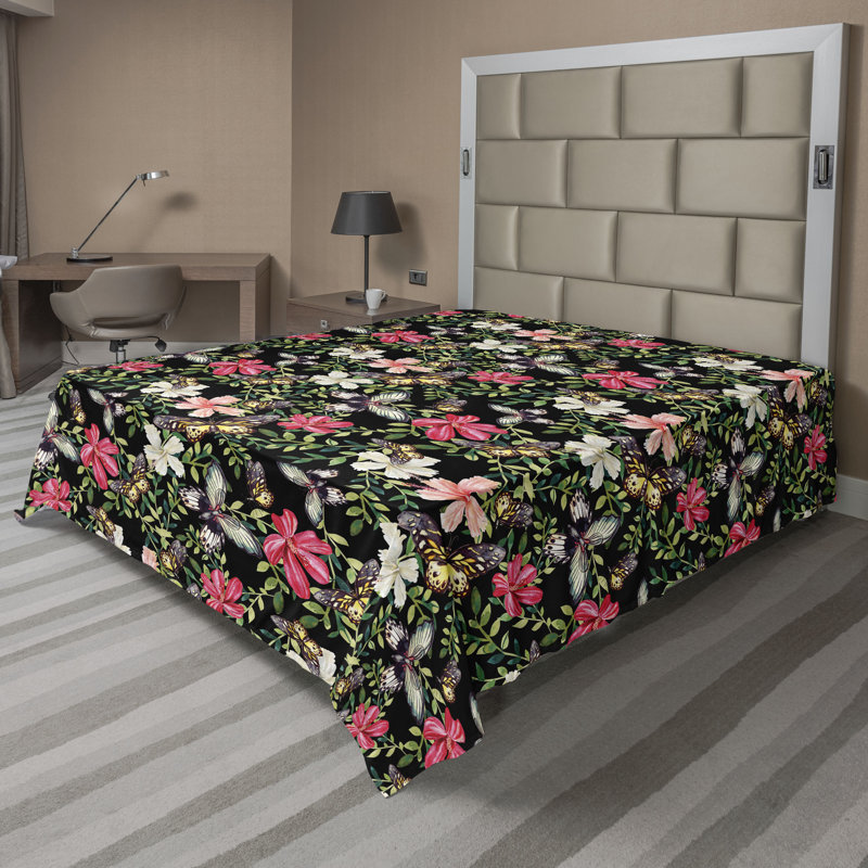 Drap plat Ambesonne Hibiscus jungle exotique noir vert rose foncé, Drap plat très grand californien