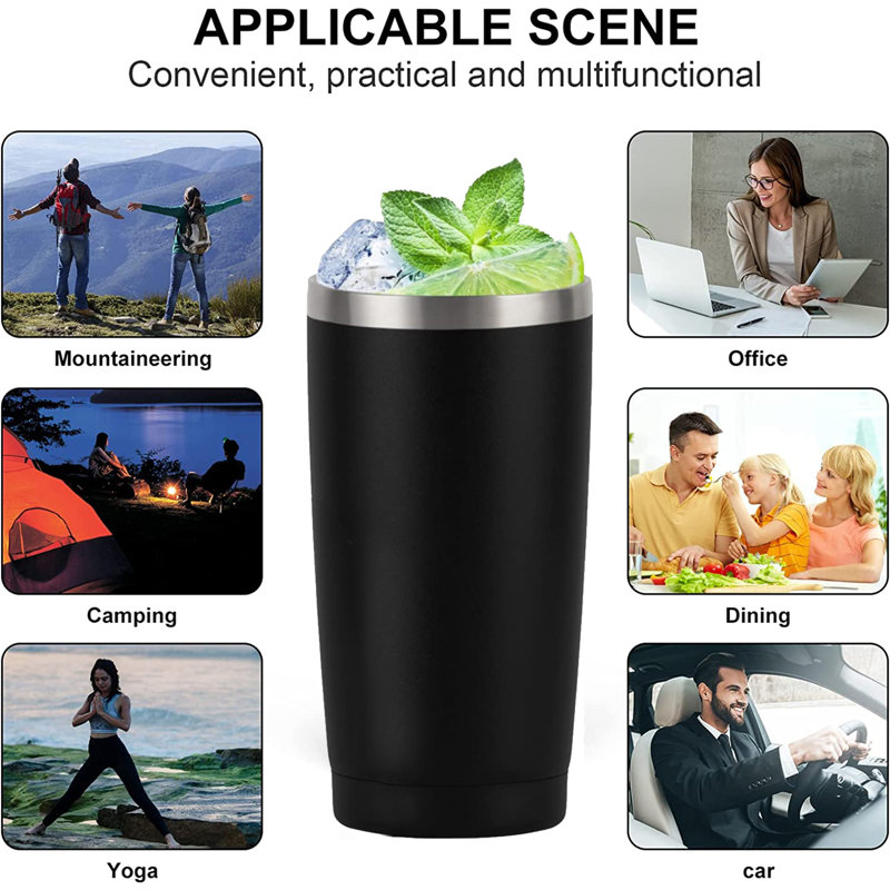 Grande tasse à boisson 20 oz en acier inoxydable 304, bleu, Noir