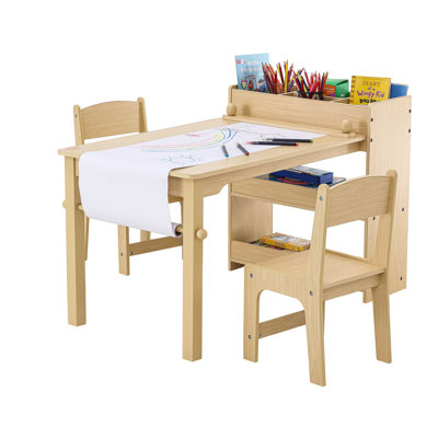 Kids Art Table and 2 Chairs, 2-in-1 Toddler Craft and Play Activity Table, Wood Toddler Table and Chair Set with A Cabinet for Art, Craft, Reading, Le