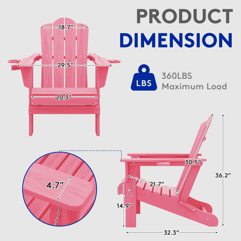Chaise Adirondack pliante Ayanda en PEHD avec porte-gobelet double (ensemble de 4), Rose