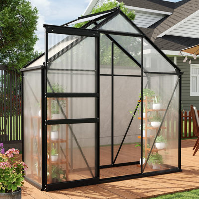 Serre extérieure 6 x 3 pi, abri de jardin en polycarbonate avec porte coulissante, évent et gouttière réglables, cadre en aluminium pour la cour arrière, noir