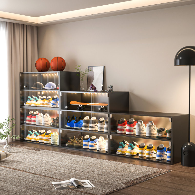 Led, armoire à chaussures en verre noir pour espadrilles avec éclairage à DEL