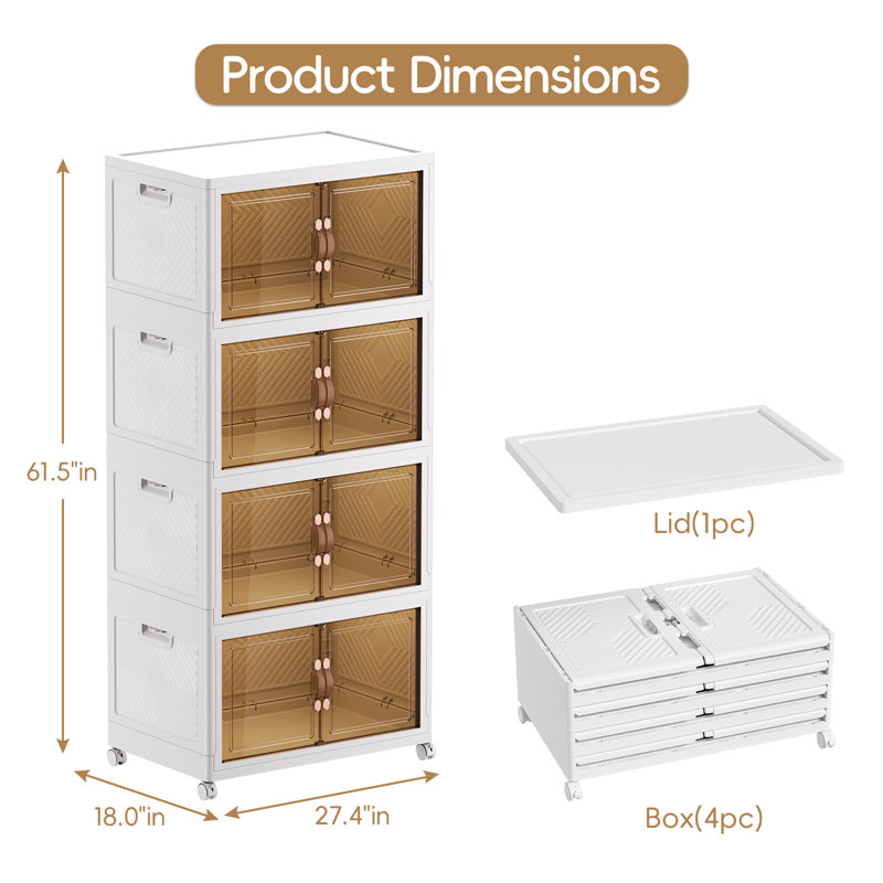  528Qt Stackable Storage Bins With Lids And Wheels, Foldable Collapsible Plastic Drawer Boxes For Clothes, Home, White, 4 Pack