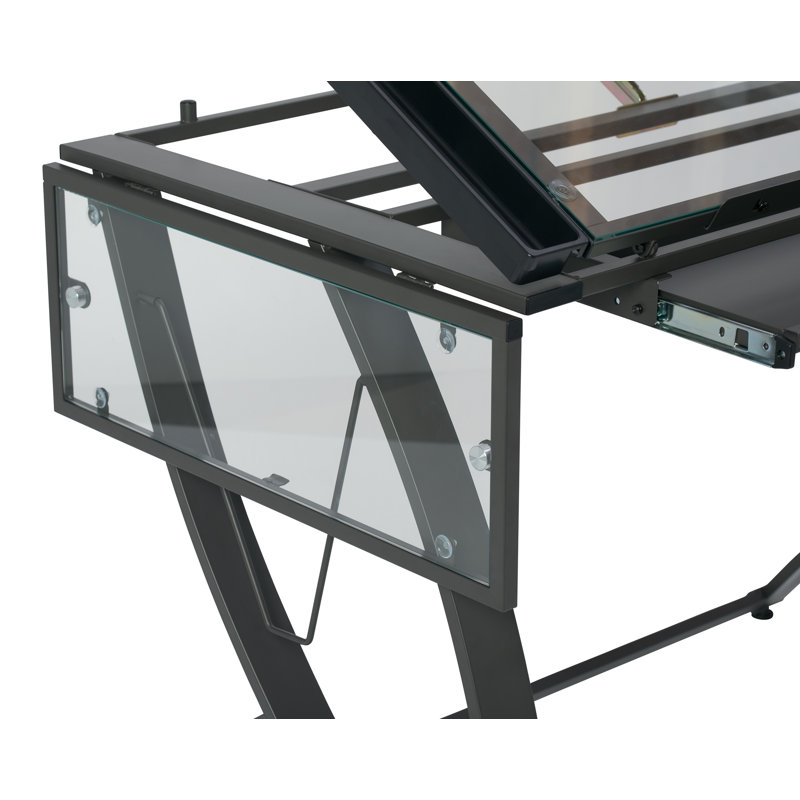 Pewter Grey Glass and Metal Drawing Craft Table with Drawer