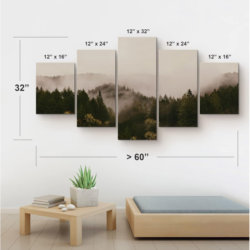 Misty Forest Landscape " Dawn Sunlight Morning Misty Forest Mountain Landscape " 5 Piece Art Set