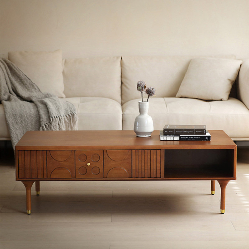 Rectangular solid wood carved drawer coffee table, 15.7" H x 55.1" L x 23.6" W