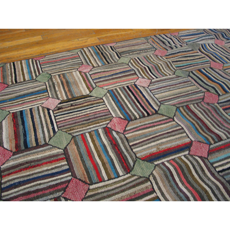Colorful Square Room Size Antique American Folk Art Basket Weave Design Hooked Rug