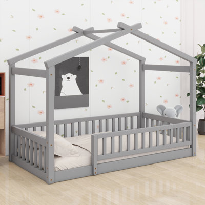 Wood House Bed Frame With Fence