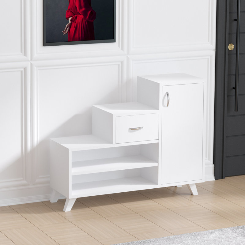 Armoire à chaussures moderne, blanc, 35,4 x 30,3 x 13,0 pouces | 100% panneau de particules enduit de mélamine, épaisseur: 0,7 pouce | Nombreuses tablettes et conception murale | Solution de rangement élégante pour le vestibule et le couloir