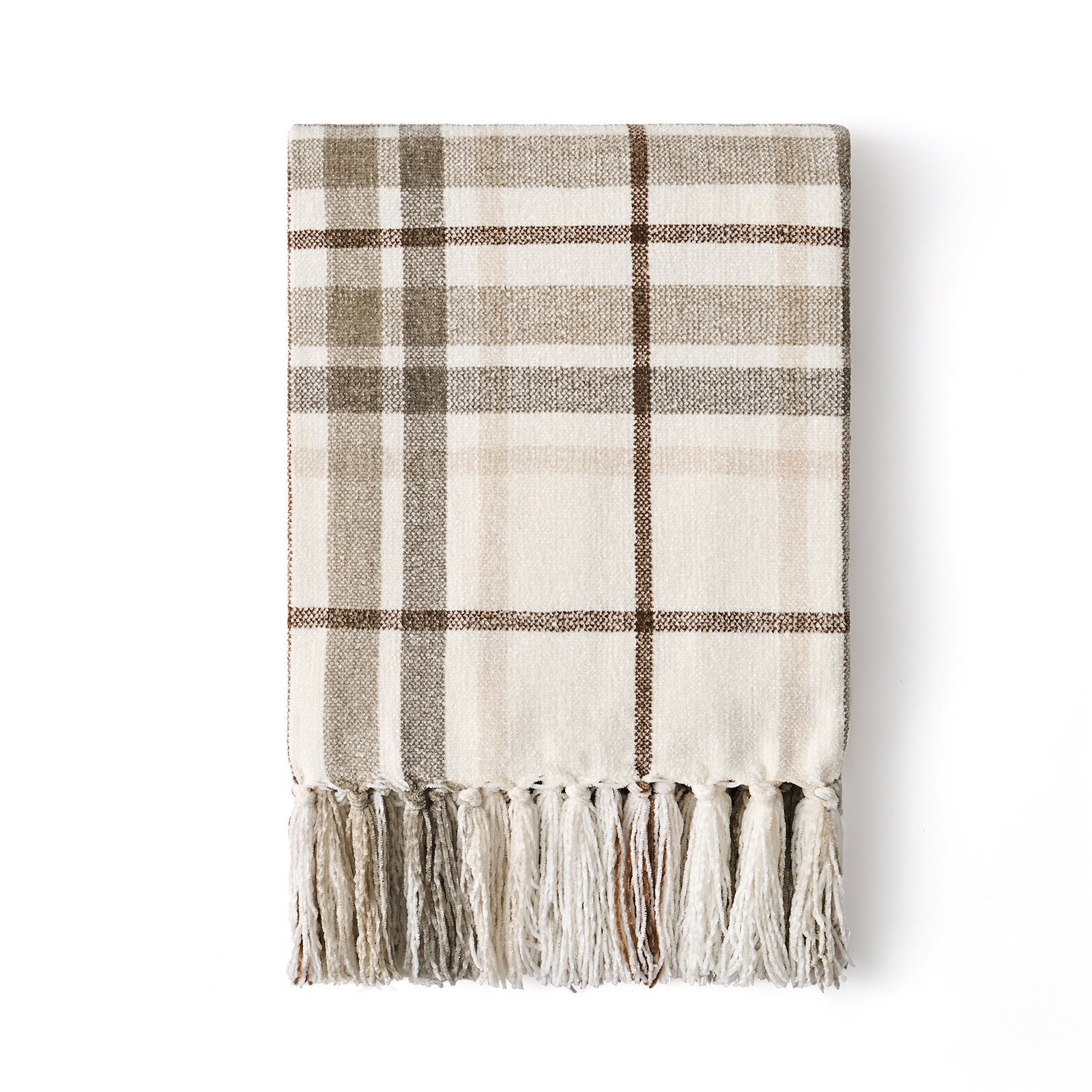 Chenille Throw Blanket, Beige/White Plaid, 90" L x 90" W