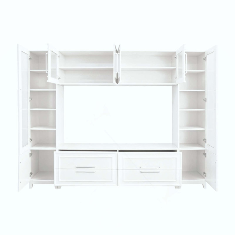 Meuble audio-vidéo mural moderne avec portes en verre pour téléviseur de 75 po ou moins, meuble télé minimaliste avec tiroirs pour le salon