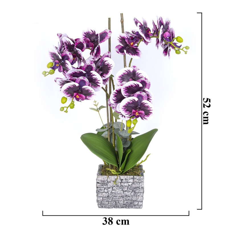 Faux orchidée mauve avec pot de fleurs en brique grise, H 20,5 po x l 15 po x P 9,4 po