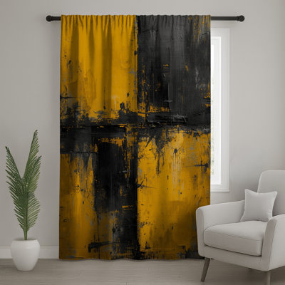 Yellow Black Abstract Painting Window Curtains, Abstract Sheer & Blockout Curtains - 1 Panel