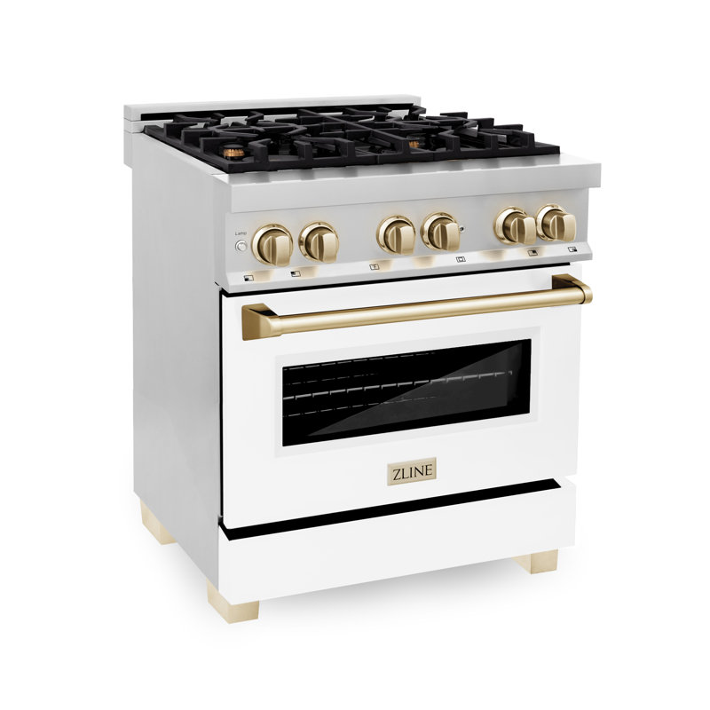 ZLINE Autograph 30" Legacy Dual Fuel Range w/ 4 Burners & White, Polished Gold