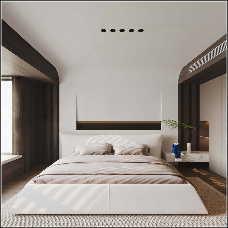 Très grand lit plateforme tapissier avec tête de lit en velours, structure en métal et bois massif, crème, luxueux et durable