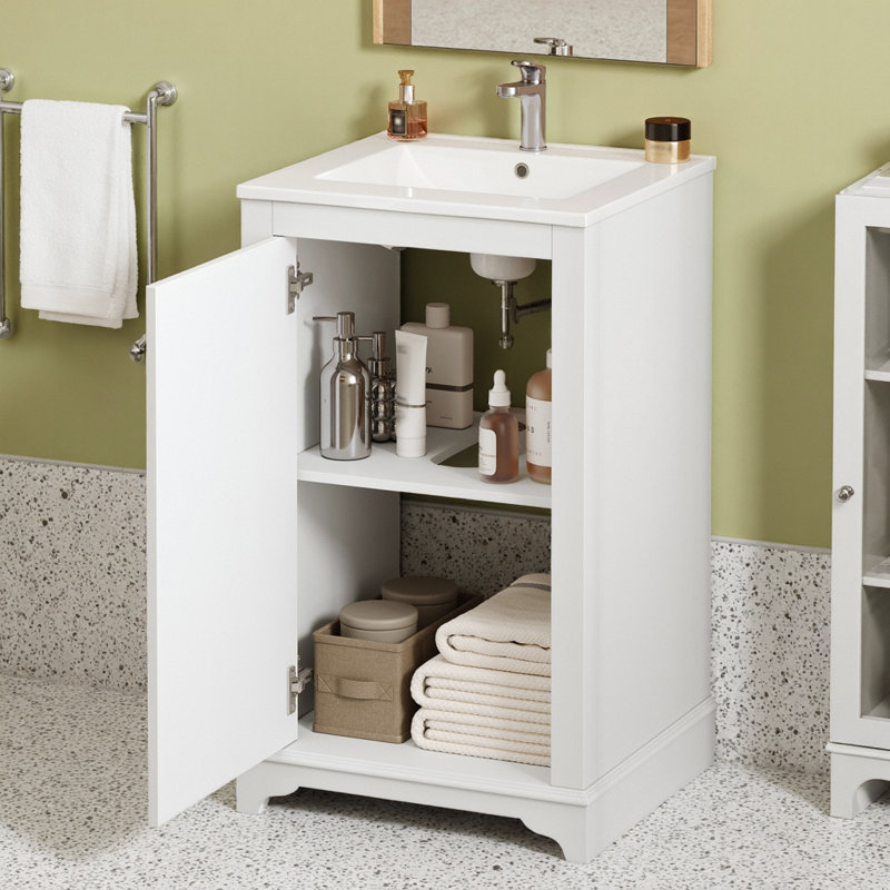 Meuble-lavabo autoportant moderne de 20 pouces avec lavabo intégré en céramique et porte ajustable en blanc, Blanc
