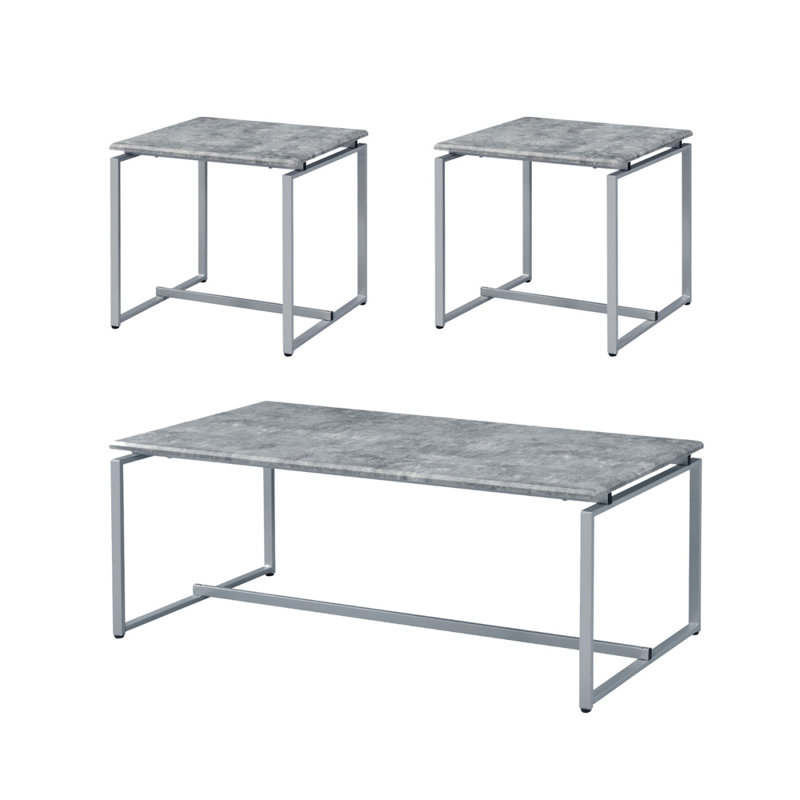 3 Piece Faux Concrete Top Coffee And End Set, Silver