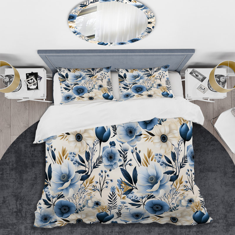 Literie Classic Blue Harmony Bouquet III, Housse de couette pour très grand lit et 2 très
