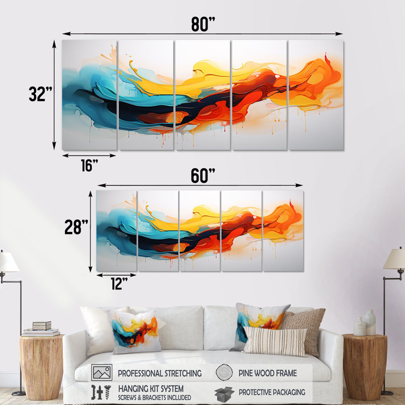 «Yellow Fractal Paint Wave Expression VII», peinture abstraite, 5 pièces, H 32 po x l 80 po