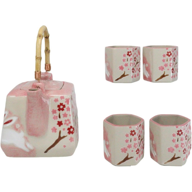 Sakura Cherry Blossoms With Rabbit Hexagonal Teapot With 4 Tea Cups Set, Pink