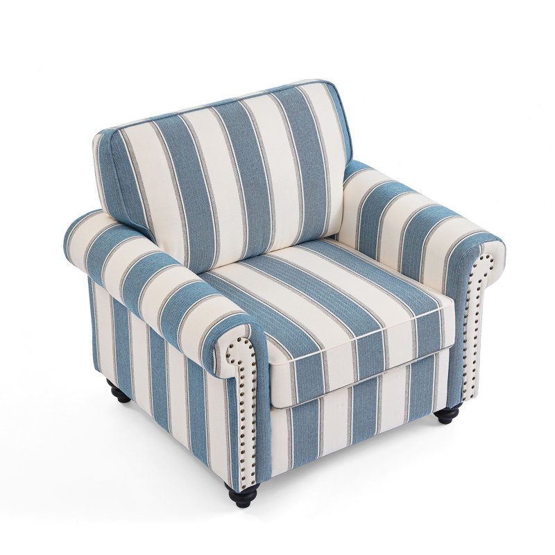 Upholstered Cotton Blend and Herringbone Armchair, Stripe Navy