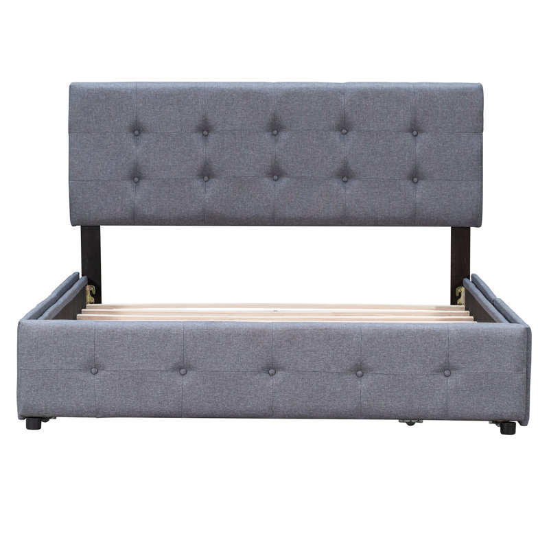 Dark Gray Upholstered Platform Bed With 4 Big Drawers. Queen. No Box Spring Required. Foam-Filled Headboard. Wood Frame. Bedroom Organization Queen Storage Drawers And Cozy Headboard, Spring, Linen