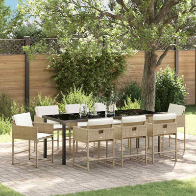  Ensemble de salle à manger de jardin avec coussin 9 pièces en rotin de polyester beige