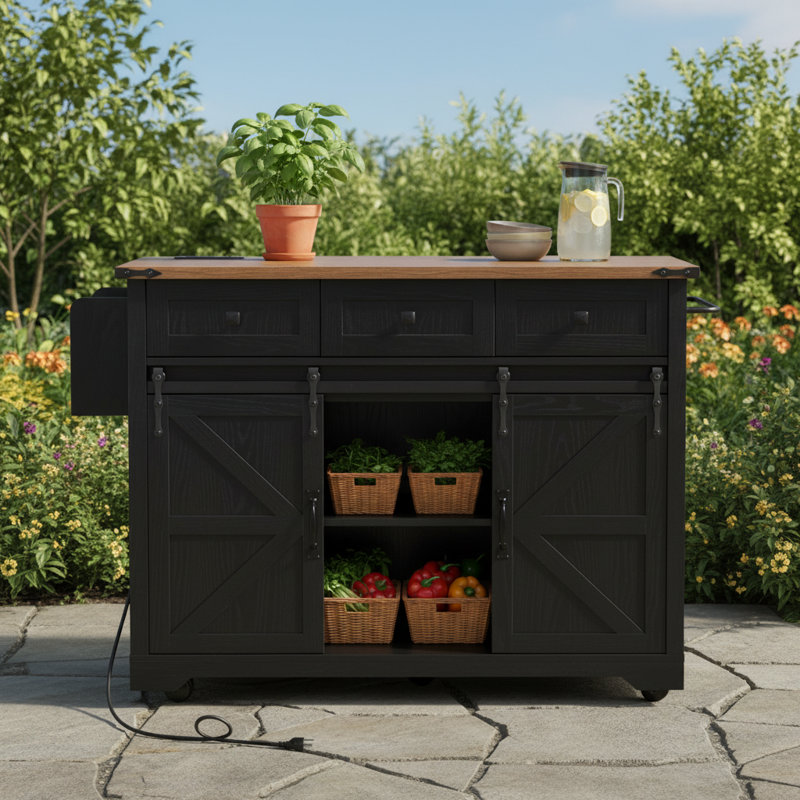 Black Home Kitchen Island Power Outlet Double Barn Door Storage Folding Table Spice Rack Rolling Cart For Kitchen Dining Room